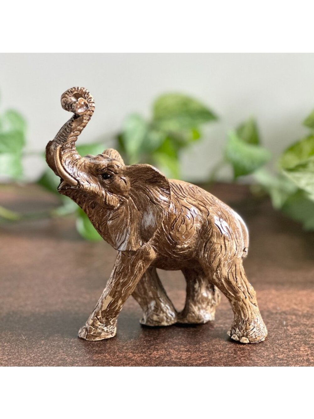 Mid Century Hand Carved Wooden Elephant Figurine, 6 Inch Varnished Wood Accent